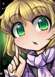 Rule 34 | 1girl, blonde hair, blush, close-up, flower-shaped pupils, fun bo, green eyes, index finger raised, looking at viewer, mizuhashi parsee, open mouth, scarf, solo, symbol-shaped pupils, touhou