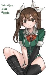 Rule 34 | 1girl, asymmetrical legwear, black gloves, black thighhighs, bobokuboboku, brown hair, character name, commentary request, dated, elbow gloves, gloves, hair ribbon, invisible chair, jacket, kantai collection, long hair, looking at viewer, one-hour drawing challenge, pelvic curtain, ribbon, simple background, single elbow glove, single thighhigh, sitting, solo, thighhighs, tone (kancolle), tone kai ni (kancolle), twintails, twitter username, uneven legwear, white background, white ribbon