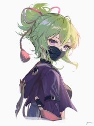 Rule 34 | 1girl, absurdres, breasts, commentary request, cropped jacket, cropped torso, genshin impact, green hair, grey background, hair between eyes, highres, jacket, kuki shinobu, looking at viewer, mask, medium breasts, midriff, mouth mask, open clothes, open jacket, ponytail, purple eyes, purple jacket, short hair, simple background, solo, upper body, yutou (yutou75)