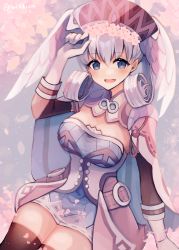 Rule 34 | 1girl, absurdres, blue eyes, breasts, cleavage, gloves, haruto yuki, head wings, highres, looking at viewer, melia antiqua, solo, thighhighs, white gloves, wings, xenoblade chronicles (series), xenoblade chronicles 1