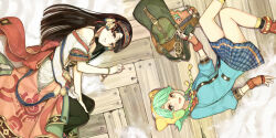 2girls absurdres atelier_(series) atelier_shallie bag blue_shirt blue_skirt bow brown_eyes brown_hair dress fingerless_gloves from_above gloves green_eyes green_hair hairband hat hidari_(left_side) highres imageboard_desourced long_hair lying multiple_girls official_art on_floor on_side plaid_clothes plaid_skirt red_bow sand shallistera_(atelier) shallotte_elminus shirt short_hair skirt smile vial wooden_floor