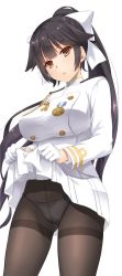 Rule 34 | &gt;:&lt;, 1girl, azur lane, black hair, bow, breasts, brown eyes, brown pantyhose, clothes lift, commentary request, contrapposto, cowboy shot, gloves, gluteal fold, gusset, hair bow, hair flaps, half gloves, high ponytail, large breasts, long hair, military, military uniform, nakajima yuka, panties, panties under pantyhose, pantyhose, pleated skirt, simple background, skirt, skirt lift, solo, standing, string panties, takao (azur lane), thighband pantyhose, underwear, uniform, v-shaped eyebrows, very long hair, white gloves