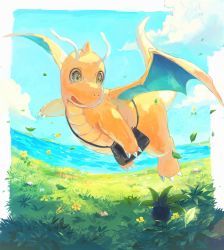 Rule 34 | bag, claws, cloud, commentary request, creatures (company), day, dragonite, flower, flying, game freak, gen 1 pokemon, grass, highres, looking at another, nagakura (seven walkers), nintendo, no humans, oddish, outdoors, pokemon, pokemon (creature), shoulder bag, sky, wings