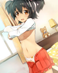 Rule 34 | 10s, 1girl, absurdres, akagi miria, bed, bedroom, black hair, blush, bow, bow panties, breasts, brown eyes, clothes lift, commentary request, female focus, highres, idolmaster, idolmaster cinderella girls, indoors, long sleeves, looking at viewer, navel, no bra, open clothes, open mouth, open skirt, panties, red skirt, seneto, shirt lift, short hair, skirt, small breasts, solo, stomach, stuffed animal, stuffed toy, teddy bear, twintails, two side up, underboob, underwear, undressing, white panties
