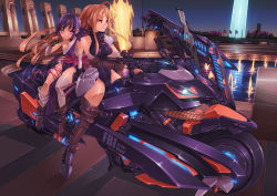 Rule 34 | 2girls, american flag, bare shoulders, blue eyes, blue hair, blush, breasts, brown hair, bullpup, dusk, eating, elbow gloves, food, food in mouth, gloves, gun, holding, holding food, leotard, long hair, mk-5, motor vehicle, motorcycle, multiple girls, original, p90, personal defense weapon, real world location, red eyes, sarashi, science fiction, sidelocks, small breasts, submachine gun, thick thighs, thighhighs, thighs, vehicle, weapon