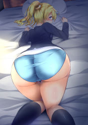 Rule 34 | 10s, 1girl, artist request, ass, ayase eli, bed, blonde hair, blue eyes, blush, breast press, breasts, cameltoe, cardigan, dark, from behind, highres, hip focus, huge ass, legs, long hair, looking at viewer, looking back, love live!, love live! school idol project, medium breasts, no pants, otonokizaka school uniform, panties, pillow, ponytail, school uniform, scrunchie, shiny clothes, shiny skin, sideboob, socks, solo, sunlight, thighhighs, thighs, top-down bottom-up, underwear, wide hips
