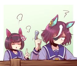 Rule 34 | 1koma, 2girls, animal ears, blunt bangs, bob cut, bow, brown hair, closed eyes, comic, commentary, ear bow, ear covers, ear ornament, eyepatch, finger wagging, fume, gradient background, green background, hair ornament, hair over one eye, hairband, hairclip, hammer, highres, holding, holding hammer, horse ears, horse girl, index finger raised, long sleeves, motion lines, mouth hold, multicolored hair, multiple girls, nail, open mouth, outside border, pink bow, pink hairband, purple sailor collar, purple shirt, repairing, sailor collar, school uniform, scolding, shirt, short hair, silent comic, squiggle, streaked hair, striped, striped bow, tracen school uniform, two-tone bow, upper body, white bow, white hair, yonedatomo mizu
