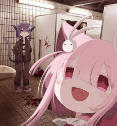 Rule 34 | 2girls, animal ears, ashi izumo, bathroom, black hair, black jacket, black pants, blood, blood on ground, blood on wall, blush, cat ears, cat girl, cat hair ornament, cat tail, closed mouth, collared jacket, converse, empty eyes, film grain, floating hair, hair between eyes, hair flaps, hair ornament, half-closed eyes, hands in pockets, highres, indoors, jacket, looking at viewer, looking back, medium hair, multiple girls, open clothes, open jacket, open mouth, original, pants, perspective, photo background, pink eyes, pink hair, rabbit hair ornament, raised eyebrows, shirt, shoelaces, shoes, sidelocks, sink, smile, standing, tail, tile floor, tile wall, tiles, toilet stall