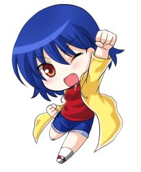 Rule 34 | &gt;;d, 1girl, ;d, blue hair, brown eyes, chibi, looking at viewer, one eye closed, open mouth, original, raised fist, short hair, shorts, simple background, smile, solo, the-sinner, v-shaped eyebrows, white background