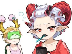 Rule 34 | 2girls, alternate costume, antlers, blonde hair, character print, commentary request, cup, dragon horns, grey hair, hair rollers, hat, highres, holding, holding cup, horizontal pupils, horn ornament, horns, howhow notei, kicchou yachie, looking at viewer, mob cap, mug, multiple girls, nightgown, otter spirit (touhou), pink nightgown, pointy ears, red shirt, sharp teeth, shirt, short hair, simple background, sleep mask, teeth, toothbrush, toothbrush in mouth, touhou, toutetsu yuuma, turtle shell, upper body, white background