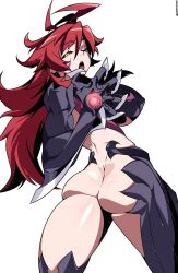 Rule 34 | 1girl, amaha masane, antenna hair, armor, ass, bikini armor, black sclera, breasts, butt crack, colored sclera, hatotheman, highres, large breasts, long hair, looking at viewer, mature female, one eye closed, piercing, red hair, simple background, solo, tongue, tongue out, tongue piercing, white background, witchblade