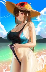 Rule 34 | 1girl, absurdres, bare arms, bare shoulders, black one-piece swimsuit, breasts, brown hair, brown hat, cleavage, clothes pull, covered erect nipples, cowboy shot, creatures (company), eyewear on headwear, game freak, groin, hat, highres, large breasts, long hair, looking at viewer, myabit, nail polish, navel, nintendo, one-piece swimsuit, one-piece swimsuit pull, parted lips, pokemon, pokemon sm, red eyes, sidelocks, sightseer (pokemon), solo, stomach, straw hat, sunglasses, swimsuit, thighs, water, wet