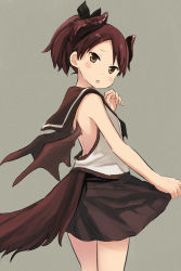 Rule 34 | 1girl, abe kanari, adapted costume, brown eyes, brown hair, brown skirt, from side, grey background, horns, kantai collection, open mouth, pleated skirt, ponytail, school uniform, serafuku, shikinami (kancolle), short hair, simple background, skirt, sleeveless, solo, tail, wings