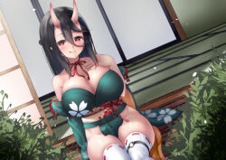 Rule 34 | 1girl, architecture, black hair, breasts, bright pupils, cleavage, demon girl, detached sleeves, east asian architecture, fingernails, green kimono, hand on own chest, horns, japanese clothes, kimono, large breasts, long hair, looking at viewer, no panties, obi, oni, original, red eyes, sash, shirishu (signdasuyo), signdasuyo, sitting, skin-covered horns, solo, strapless, thighhighs, white nails, white pupils, white thighhighs