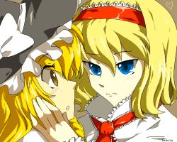 Rule 34 | 2girls, alice margatroid, artrica, bad id, bad pixiv id, blonde hair, blue eyes, brown eyes, eye contact, female focus, hairband, hand on another&#039;s face, hat, heart, kirisame marisa, looking at another, multiple girls, oekaki, portrait, sweatdrop, touhou, tsurime, witch hat