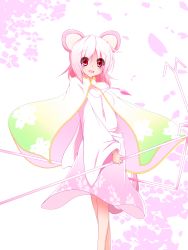 Rule 34 | 1girl, adapted costume, alternate color, animal ears, asn s, bad id, bad pixiv id, blush, cape, dowsing rod, floral background, floral print, highres, holding, jewelry, long sleeves, looking at viewer, mouse ears, mouse tail, nazrin, open mouth, pendant, petals, pink hair, red eyes, short hair, simple background, solo, tail, touhou, undefined fantastic object, wide sleeves