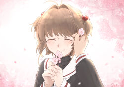 Rule 34 | 1girl, 1other, absurdres, antenna hair, birthday, black shirt, blurry, branch, brown hair, cardcaptor sakura, character name, cherry blossoms, closed eyes, closed mouth, colored eyelashes, depth of field, english text, falling petals, flower, guimp, hair bobbles, hair flower, hair intakes, hair ornament, hand in another&#039;s hair, hands up, highres, holding, holding flower, kinomoto sakura, light blush, long sleeves, neckerchief, own hands together, petals, pov, pov hands, sailor collar, school uniform, serafuku, shirt, short hair, sleeve cuffs, smile, solo focus, tomoeda elementary school uniform, turtleneck, two side up, upper body, white neckerchief, white sailor collar