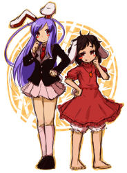 Rule 34 | 2girls, :p, animal ears, bamboo, barefoot, blazer, bloomers, blush, blush stickers, brown hair, rabbit ears, carrot, carrot necklace, dress, female focus, inaba tewi, jacket, jewelry, kingin, long hair, multiple girls, necklace, necktie, pendant, pleated skirt, purple hair, red eyes, reisen udongein inaba, shoes, short hair, sketch, skirt, tears, thumbs up, tongue, tongue out, touhou, underwear