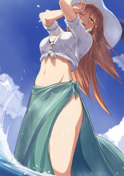 Rule 34 | 1girl, :d, animal ears, arms up, bikini, blue sarong, blue sky, blush, breasts, brown hair, day, girls&#039; frontline, green eyes, hair between eyes, hair rings, hat, hat ribbon, highres, large breasts, long hair, looking at viewer, navel, official alternate costume, one eye closed, open mouth, outdoors, ribbon, sanderson, sarong, shirt, sidelocks, sky, sleeves rolled up, smile, solo, splashing, springfield (girls&#039; frontline), springfield (stirring mermaid) (girls&#039; frontline), stomach, sun hat, swimsuit, thighs, tied shirt, wading, white bikini, white hat, white shirt