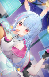 Rule 34 | 1girl, animal ear fluff, animal ears, bare shoulders, black footwear, black shorts, blue hair, blush, commentary request, eating, english text, food, highres, holding, holding food, holographic keyboard, holographic monitor, indoors, jacket, legs up, long hair, long sleeves, lying, multicolored hair, off shoulder, on stomach, open clothes, open jacket, original, pink hair, puffy long sleeves, puffy sleeves, rabbit ears, rabbit girl, rabbit tail, red eyes, shirt, shoes, short shorts, shorts, sky, sleeveless, sleeveless shirt, solo, star (sky), starry sky, streaked hair, tail, toufu mentaru zabuton, twitter username, very long hair, white jacket, white shirt