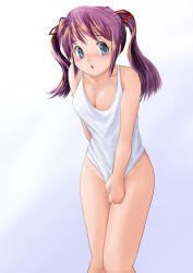 Rule 34 | 1girl, :o, ass, blue eyes, blush, bottomless, breasts, cleavage, clothes pull, collarbone, female focus, gradient background, legs, original, purple hair, ribbon, shirt pull, solo, tamanegi (sei tamanegi web), twintails, white background