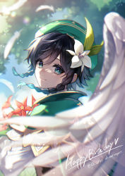 Rule 34 | 1boy, aqua hair, black hair, blue eyes, braid, cape, day, feathered wings, feathers, flower, genshin impact, gradient hair, green cape, green hat, happy birthday, hat, hat flower, highres, long sleeves, looking at viewer, male focus, multicolored hair, outdoors, qi2341, red flower, side braids, sky, smile, solo, tree, twitter username, upper body, venti (genshin impact), white flower, wings