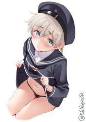 Rule 34 | 1girl, aqua eyes, black panties, blush, bow, bow panties, breasts, clothes lift, clothes writing, dress, dress lift, ebifurya, groin, hat, highres, kantai collection, lifting own clothes, long sleeves, looking at viewer, medium breasts, navel, one-hour drawing challenge, panties, sailor dress, sailor hat, short hair, silver hair, simple background, solo, string panties, twitter username, underwear, white background, z1 leberecht maass (kancolle)