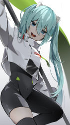 Rule 34 | 1girl, aqua eyes, aqua hair, asymmetrical bodysuit, black bodysuit, bodysuit, commentary, covered navel, cowboy shot, crop top, cropped jacket, flag, gloves, goodsmile racing, green flag, hair between eyes, hair ornament, hatsune miku, head tilt, highres, holding, holding flag, jacket, long hair, long sleeves, looking at viewer, open mouth, racing miku, racing miku (2022), revebw, simple background, single thighhigh, smile, solo, standing, teeth, thighhighs, tongue, twintails, very long hair, vocaloid, white background, white jacket