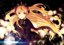 Rule 34 | 1girl, black cape, blonde hair, cape, commentary request, earrings, ereshkigal (fate), ereshkigal (third ascension) (fate), fate/stay night, fate (series), fur-trimmed cape, fur trim, hair ribbon, holding lamp, jewelry, lamp, long hair, parted bangs, red eyes, red ribbon, ribbon, skull, solo, tohsaka rin, two side up, upper body, xia (ryugo)