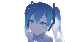 Rule 34 | 1girl, bare shoulders, blue eyes, blue hair, blue necktie, closed mouth, cloud, cloudy sky, collared shirt, double exposure, hair between eyes, hatsune miku, highres, kieed, light smile, long hair, looking at viewer, necktie, shirt, simple background, sky, sleeveless, sleeveless shirt, smile, solo, twintails, vocaloid, white background