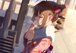 Rule 34 | 1girl, ahoge, bracelet, breath, brown hair, closed eyes, day, drill hair, dutch angle, floral print, flower, from side, fur scarf, furisode, hair flower, hair ornament, idolmaster, idolmaster million live!, idolmaster million live! theater days, japanese clothes, jewelry, kamille (vcx68), kimono, lens flare, long sleeves, medium hair, obi, offertory, outdoors, own hands together, pink kimono, praying, rope, sash, side drill, side ponytail, sidelocks, solo, temple, yokoyama nao