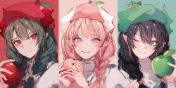 Rule 34 | 3girls, apple, black hair, blue eyes, dongbaegsi, dragon girl, dragon horns, food, fruit, green eyes, green hair, hat, highres, horns, lairei yen, lairei yen (earth), lairei yen (fire), lairei yen (light), looking at viewer, lord of heroes, multiple girls, one eye closed, pale skin, pink hair, pointy ears, red eyes, red horns, white horns