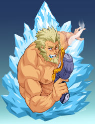 Rule 34 | 1boy, bara, biceps, biting, blonde hair, bullet, gun, highres, holding, holding weapon, ice, large pectorals, male focus, mature male, mouth hold, muscular, muscular male, nakata shunpei, nipples, original, outstretched arm, pectorals, red eyes, short hair, sideburns, simple background, smile, solo, spiked hair, thick eyebrows, topless male, upper body, weapon