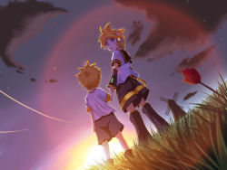 Rule 34 | 2boys, aged down, bad id, bad pixiv id, blurry, child, cloud, contrail, depth of field, dual persona, dutch angle, highres, hirobakar, holding hands, kagamine len, lens flare, looking back, male focus, multiple boys, scenery, sky, standing, sunrise, time paradox, vocaloid