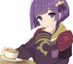 Rule 34 | 1girl, bernadetta von varley, cup, earrings, fire emblem, fire emblem: three houses, grey eyes, hair ornament, hand on own cheek, hand on own face, holding, holding cup, jewelry, kocha (jgug7553), long sleeves, looking at viewer, nintendo, plate, purple hair, short hair, simple background, solo, teacup, upper body, white background