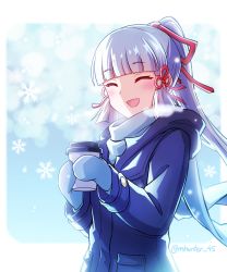 Rule 34 | 1girl, :d, ^ ^, alternate costume, ayaka (genshin impact), blunt bangs, blurry, bow, closed eyes, coat, coffee cup, commentary, contemporary, cup, depth of field, disposable cup, english commentary, genshin impact, grey hair, grey scarf, hair bow, hair ribbon, highres, holding, holding cup, ice crystal, long hair, long sleeves, looking at viewer, mhunter 45, mittens, open mouth, ponytail, ribbon, scarf, sidelocks, simple background, smile, solo, steam, tress ribbon, visible air, winter clothes, winter coat