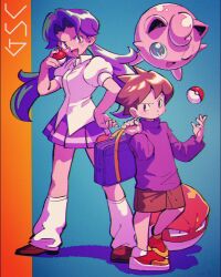 Rule 34 | 1boy, 1girl, bag, blush, brown eyes, brown hair, collared shirt, creatures (company), full body, game freak, gen 1 pokemon, green eyes, hand on own hip, highres, holding, holding bag, holding poke ball, jigglypuff, juliet sleeves, kwsby 124, lass (pokemon), loafers, long hair, long sleeves, looking at viewer, loose socks, medium hair, miniskirt, nintendo, one eye closed, open mouth, parted bangs, pleated skirt, poke ball, poke ball (basic), pokemon, pokemon (creature), pokemon gsc, puffy sleeves, purple hair, pursed lips, school bag, school boy (pokemon), school uniform, shirt, shoes, shorts, skirt, sneakers, socks, standing, twintails, voltorb