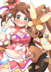 2girls :o animal_nose arm_around_head arm_around_waist black_pantyhose black_sports_bra blue_eyes blush body_fur bow breasts brown_fur brown_hair brown_sclera carrot_summer cleavage cleft_of_venus colored_sclera cowboy_shot creatures_(company) crop_top crotchless crotchless_pantyhose earrings female_focus flat_chest furry furry_female furry_with_non-furry game_freak gen_4_pokemon hair_bow hair_ribbon hand_on_another&#039;s_head hand_up hands_up interspecies jewelry long_ears looking_at_viewer lopunny may_(pokemon) medium_breasts medium_hair midriff miniskirt multiple_girls navel nintendo one_side_up open_mouth pantyhose pink_bow pink_shirt pink_skirt poke_ball poke_ball_(basic) pokemon pokemon_(creature) pokemon_oras pussy rabbit_ears rabbit_girl raglan_sleeves red_eyes ribbon shirt sidelocks simple_background skirt sports_bra standing stomach torn_clothes torn_pantyhose two-tone_fur uncensored v_over_eye w white_background white_sleeves wide_hips yellow_fur