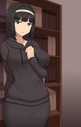 Rule 34 | 1girl, arm behind back, black hair, black skirt, black sweater, blue eyes, blurry, blurry background, bookshelf, breasts, closed mouth, commentary request, depth of field, female focus, hand on own chest, headband, hood, hood down, hooded sweater, indoors, large breasts, long hair, long sleeves, looking at viewer, multicolored hair, nt00, original, skirt, solo, standing, streaked hair, sweater, white headband