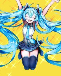 Rule 34 | 1girl, :d, ^ ^, absurdly long hair, absurdres, armpits, arms up, bare arms, black footwear, blue hair, blue necktie, blue skirt, boots, closed eyes, collared shirt, facing viewer, floating hair, full body, gozenjuziame, hair ornament, hatsune miku, highres, jumping, long hair, miniskirt, necktie, open mouth, pleated skirt, shirt, skirt, sleeveless, sleeveless shirt, smile, solo, thigh boots, thigh gap, thighhighs, twintails, very long hair, vocaloid, white shirt, wing collar, yellow background, zettai ryouiki