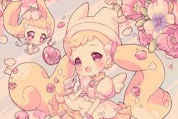 Rule 34 | 1girl, :d, beryl (blueberylpie), blonde hair, blush, brown eyes, commentary, dress, earrings, english commentary, fairy, finger to cheek, flower, gloves, hand up, hat, jewelry, long hair, looking at viewer, magical girl, makihatayama hana, ojamajo doremi, open mouth, petals, puffy short sleeves, puffy sleeves, short sleeves, smile, solo, toto (ojamajo doremi), very long hair, white dress, white gloves, white hat, white wings, wing hair ornament, wings