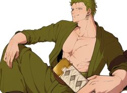 Rule 34 | 1boy, abs, bara, bare pectorals, black eyes, center opening, chimaaa333, coat, colored skin, earrings, from side, green coat, green hair, highres, holding, holding weapon, jewelry, male focus, muscular, muscular male, one eye closed, one piece, pectorals, roronoa zoro, sash, scar, scar on chest, scar on face, short hair, single earring, sitting, smirk, solo, sword, weapon, white skin
