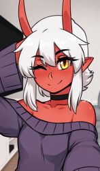 Rule 34 | 1girl, ;), absurdres, artist name, bare shoulders, black choker, blush, breasts, choker, closed mouth, collarbone, colored skin, commentary, demon girl, demon horns, demon tail, english commentary, grey hair, hair between eyes, hand on head, highres, horns, indoors, li (rob ishi), looking at viewer, off-shoulder sweater, off shoulder, one eye closed, orange eyes, original, pointy ears, purple sweater, red skin, rob ishi, selfie, short hair, skin-covered horns, smile, solo, sweater, tail, television, upper body, white hair