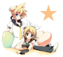 Rule 34 | 1boy, 1girl, ass, bad id, bad pixiv id, blonde hair, blue eyes, bottomless, brother and sister, hair ornament, hair ribbon, hairclip, kagamine len, kagamine rin, necktie, purinpurin, ribbon, short hair, siblings, sitting, smile, top-down bottom-up, twins, vocaloid, yellow necktie
