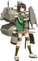 Rule 34 | 10s, 1girl, alternate costume, bob cut, brown hair, burnt clothes, cannon, flight deck, full body, game cg, hair ribbon, hyuuga (kancolle), japanese clothes, kantai collection, katana, machinery, nontraditional miko, official art, radar, ribbon, sandals, shibafu (glock23), skirt, solo, sword, transparent background, turret, weapon