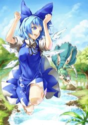 Rule 34 | 2girls, bad id, bad pixiv id, blue dress, blue eyes, blue hair, blush, bow, cirno, daiyousei, dress, fairy wings, flying, forest, green eyes, green hair, hair bow, hair ribbon, ice, ice wings, knees, large bow, legs folded, long hair, mary janes, multiple girls, nature, puffy sleeves, ribbon, river, scottie (phantom2), shoes, short hair, short sleeves, side ponytail, skirt, smile, touhou, water, white legwear, wings