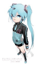 Rule 34 | 1girl, absurdres, bandaid, bandaid on face, bandaid on knee, bandaid on leg, bandaid on nose, blue eyes, blue hair, cable, clenched hand, foreshortening, from above, frown, hair bobbles, hair ornament, hairclip, hatsune miku, headphones, high collar, highres, jacket, kogaara, long hair, long sleeves, pocket, shorts, socks, solo, song name, striped clothes, striped shorts, track jacket, twintails, unknown mother goose (vocaloid), v-shaped eyebrows, very long hair, vocaloid, wristband