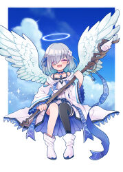 Rule 34 | 1girl, :d, angel wings, black thighhighs, blue choker, blue gemstone, blue ribbon, blue sky, blush, boots, border, chest jewel, choker, closed eyes, clothing cutout, cloud, cloudy sky, diagonal bangs, eyes visible through hair, flower, full body, gem, grey hair, hair flower, hair ornament, hair ribbon, halo, head tilt, highres, holding, holding staff, hood, hood down, hooded kimono, invisible chair, isuzu ren, japanese clothes, kimono, long bangs, long sleeves, magia record: mahou shoujo madoka magica gaiden, mahou shoujo madoka magica, medium hair, no nose, off shoulder, open mouth, outside border, ribbon, right-over-left kimono, sash, shoulder cutout, single thighhigh, sitting, sky, sky, smile, solo, spaghetti strap, sparkle, staff, straight-on, takenoko mgrc, thighhighs, thighhighs under boots, two-sided fabric, white border, white flower, white footwear, white kimono, white sash, wings