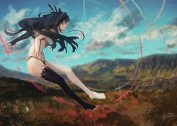 Rule 34 | 1girl, black gloves, black hair, black thighhighs, blue sky, breasts, cloud, crown, day, elbow gloves, fate/grand order, fate (series), flying, gloves, grass, ishtar (fate), long hair, medium breasts, midriff, outdoors, rean (r ean), red eyes, single glove, single thighhigh, sky, smile, solo, thighhighs, two side up