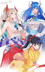 Rule 34 | 1boy, 2girls, bad id, bad twitter id, blue cape, blue eyes, blue hair, blue skirt, blunt bangs, breasts, cape, commentary, cowboy shot, dark blue hair, earrings, hair ribbon, hakama, hakama pants, hand on own hip, holding, holding weapon, horns, japanese clothes, jewelry, joman, katana, kikunojo (one piece), kimono, large breasts, long hair, looking at viewer, mask, mouth mask, multicolored hair, multiple girls, obi, one piece, pants, pink eyes, pink hair, pink sash, ponytail, ribbon, rope, rope belt, sash, shimenawa, shirt, shirt tucked in, sideboob, simple background, skirt, small breasts, striped clothes, striped shirt, sword, two-tone hair, ulti (one piece), upper body, vertical-striped clothes, vertical-striped shirt, weapon, white background, white shirt, yamato (one piece), yellow eyes, yellow kimono